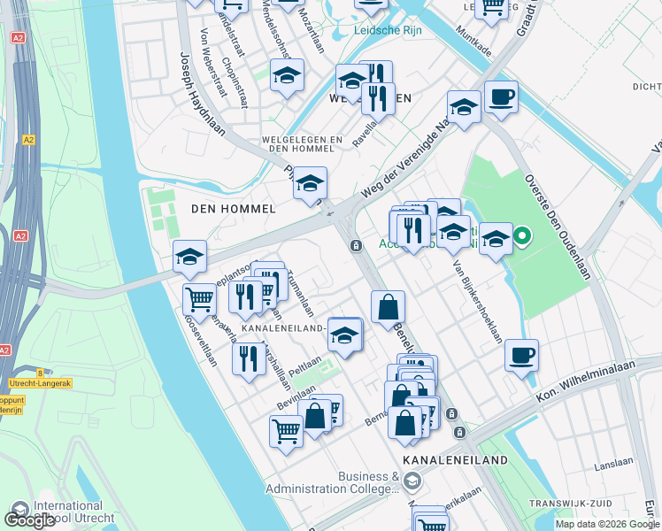 map of restaurants, bars, coffee shops, grocery stores, and more near 13a Van Heuven Goedhartplein in Utrecht