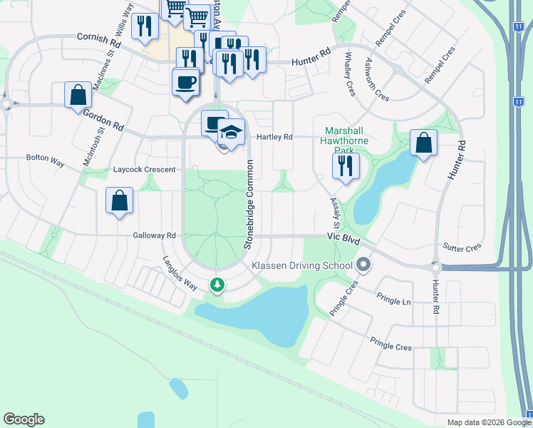 map of restaurants, bars, coffee shops, grocery stores, and more near 122 Snell Crescent in Saskatoon