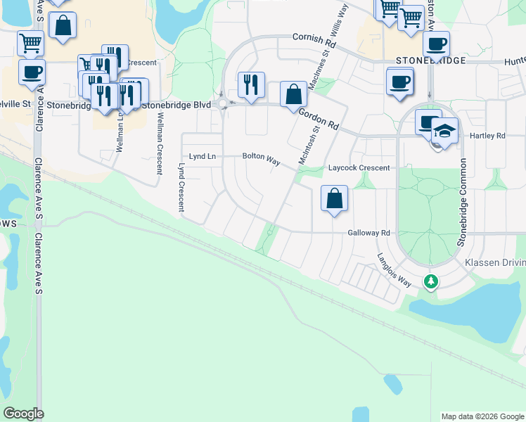 map of restaurants, bars, coffee shops, grocery stores, and more near 275 Bolton Crescent in Saskatoon