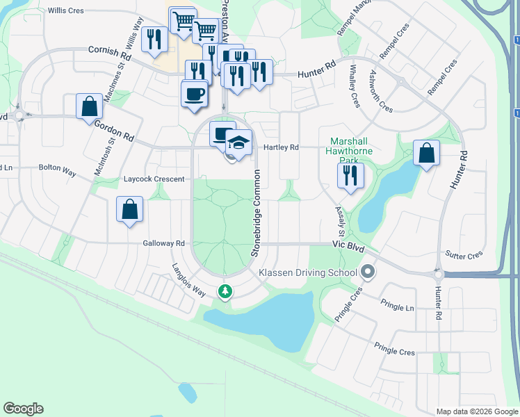 map of restaurants, bars, coffee shops, grocery stores, and more near 122 Snell Crescent in Saskatoon