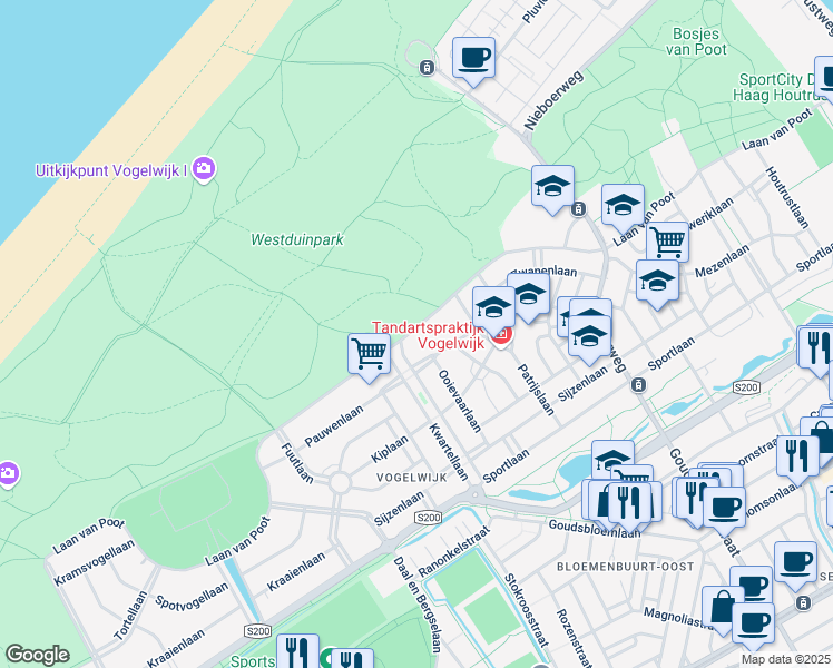 map of restaurants, bars, coffee shops, grocery stores, and more near 228 Laan van Poot in The Hague