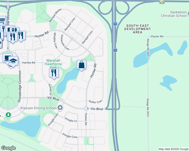 map of restaurants, bars, coffee shops, grocery stores, and more near 915 Hunter Road in Saskatoon