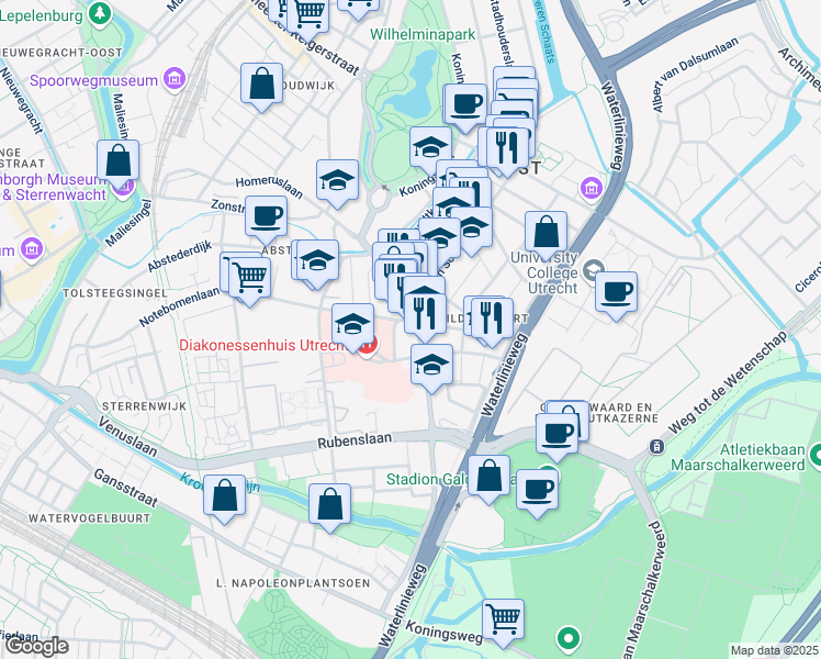map of restaurants, bars, coffee shops, grocery stores, and more near 67A Adriaen van Ostadelaan in Utrecht