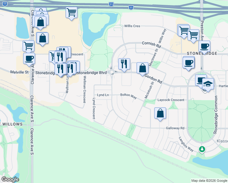 map of restaurants, bars, coffee shops, grocery stores, and more near 111 Galloway Road in Saskatoon