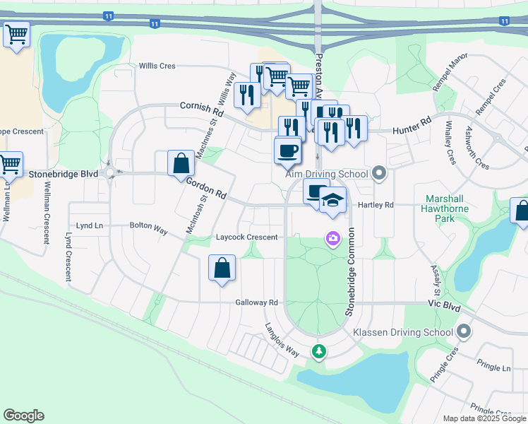 map of restaurants, bars, coffee shops, grocery stores, and more near 710 Gordon Road in Saskatoon