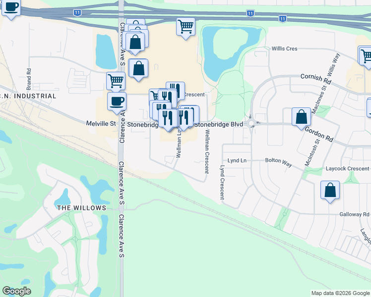 map of restaurants, bars, coffee shops, grocery stores, and more near 310 Wellman Lane in Saskatoon