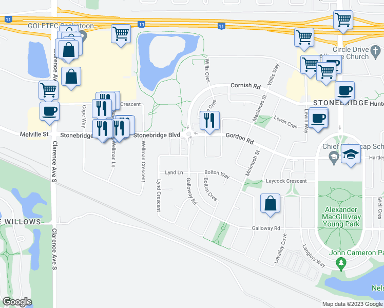map of restaurants, bars, coffee shops, grocery stores, and more near 111 Galloway Road in Saskatoon