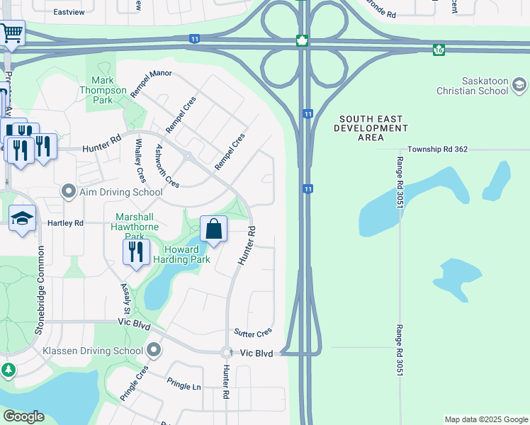 map of restaurants, bars, coffee shops, grocery stores, and more near 542 Senick Crescent in Saskatoon