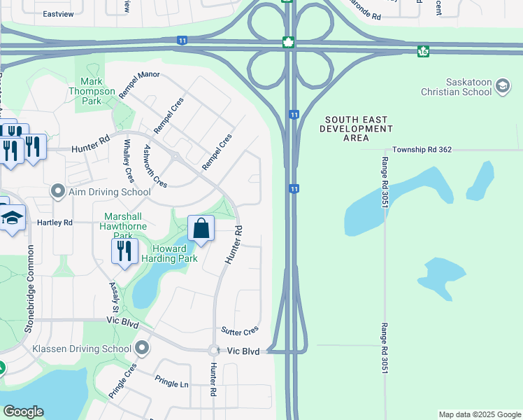 map of restaurants, bars, coffee shops, grocery stores, and more near 542 Senick Crescent in Saskatoon