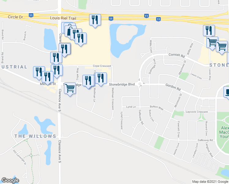 map of restaurants, bars, coffee shops, grocery stores, and more near 106 Wellman Crescent in Saskatoon
