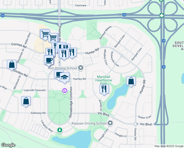 map of restaurants, bars, coffee shops, grocery stores, and more near 114 Chubb Cove in Saskatoon