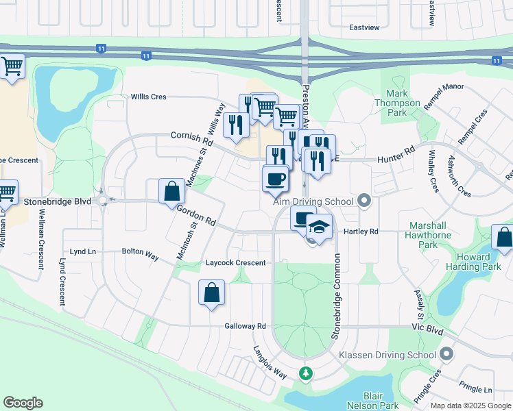 map of restaurants, bars, coffee shops, grocery stores, and more near 265 Lewin Crescent in Saskatoon