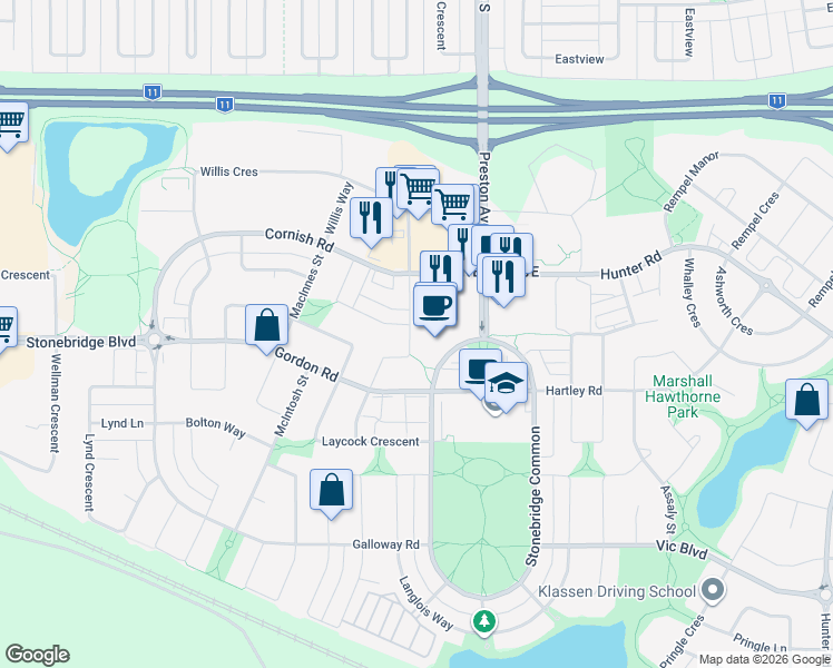 map of restaurants, bars, coffee shops, grocery stores, and more near 3230 Preston Avenue South in Saskatoon