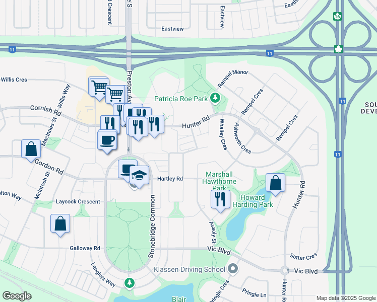 map of restaurants, bars, coffee shops, grocery stores, and more near Dickson Crescent in Saskatoon