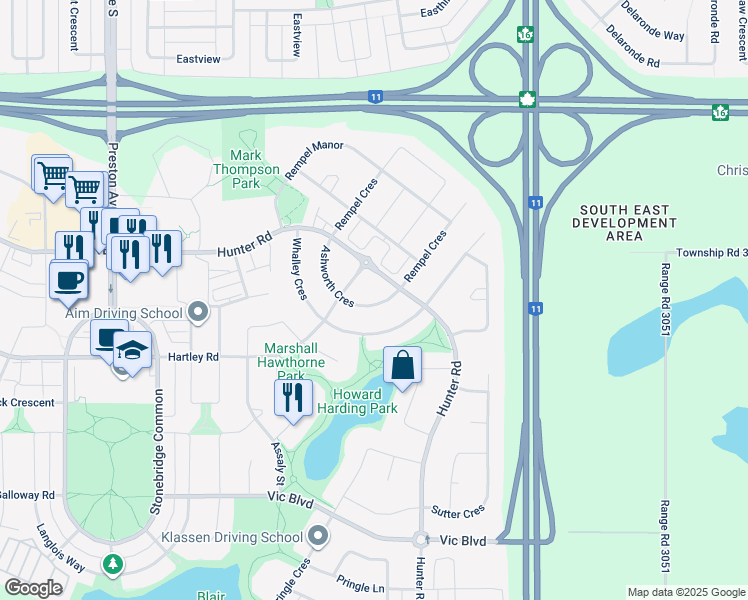 map of restaurants, bars, coffee shops, grocery stores, and more near 263 Ashworth Crescent in Saskatoon