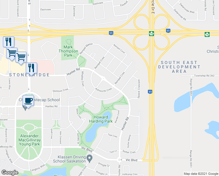 map of restaurants, bars, coffee shops, grocery stores, and more near 263 Ashworth Crescent in Saskatoon