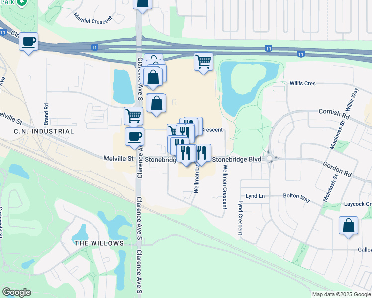 map of restaurants, bars, coffee shops, grocery stores, and more near 215 Stonebridge Boulevard in Saskatoon