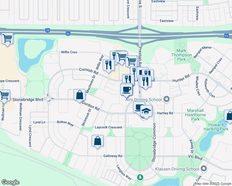 map of restaurants, bars, coffee shops, grocery stores, and more near 265 Lewin Crescent in Saskatoon