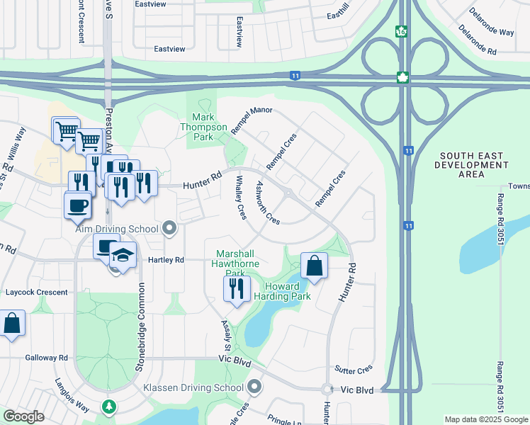 map of restaurants, bars, coffee shops, grocery stores, and more near Ashworth Crescent in Saskatoon