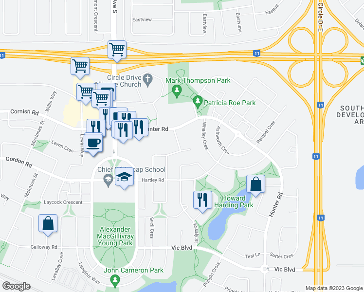map of restaurants, bars, coffee shops, grocery stores, and more near 750 Dickson Crescent in Saskatoon