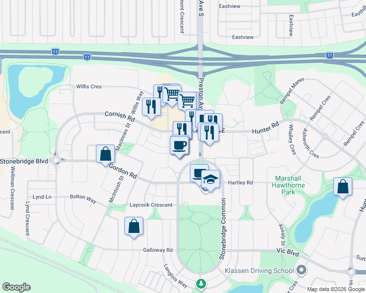 map of restaurants, bars, coffee shops, grocery stores, and more near 3230 Preston Avenue South in Saskatoon