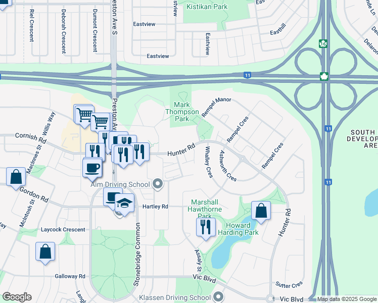 map of restaurants, bars, coffee shops, grocery stores, and more near 415 Hunter Road in Saskatoon