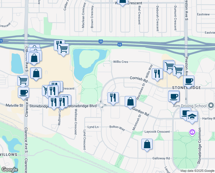 map of restaurants, bars, coffee shops, grocery stores, and more near 150 Cornish Road in Saskatoon