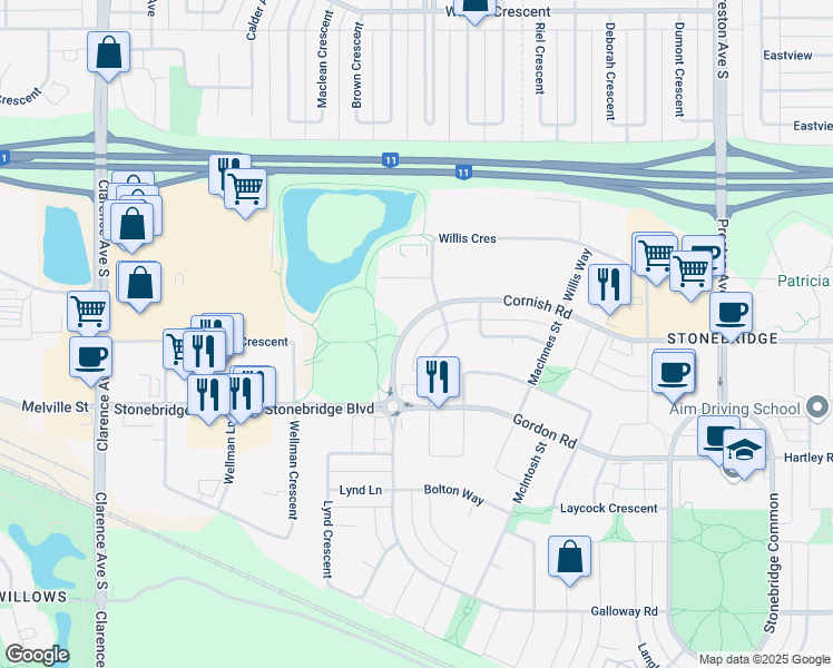 map of restaurants, bars, coffee shops, grocery stores, and more near 150 Cornish Road in Saskatoon