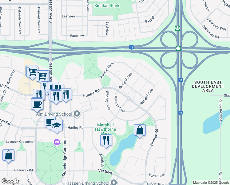 map of restaurants, bars, coffee shops, grocery stores, and more near 106 Ashworth Crescent in Saskatoon