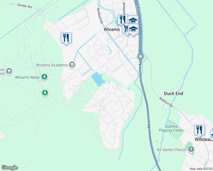 map of restaurants, bars, coffee shops, grocery stores, and more near Southern Cross in Wixams