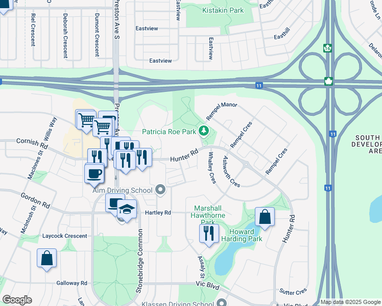 map of restaurants, bars, coffee shops, grocery stores, and more near 415 Hunter Road in Saskatoon
