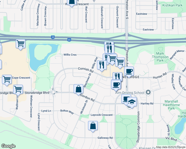map of restaurants, bars, coffee shops, grocery stores, and more near 382 Cornish Road in Saskatoon
