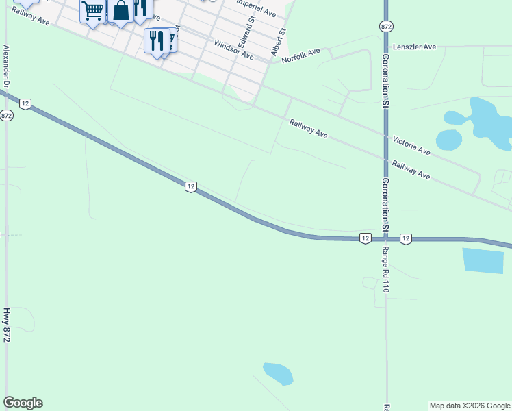map of restaurants, bars, coffee shops, grocery stores, and more near 4501 East Service Road in Coronation