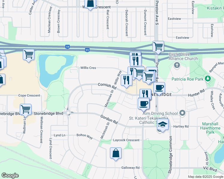 map of restaurants, bars, coffee shops, grocery stores, and more near 382 Cornish Road in Saskatoon