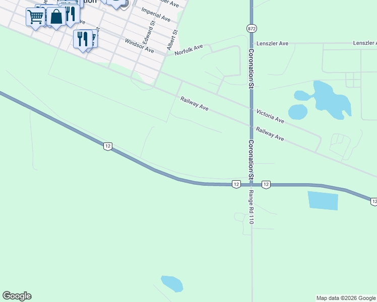 map of restaurants, bars, coffee shops, grocery stores, and more near 4501 East Service Road in Coronation