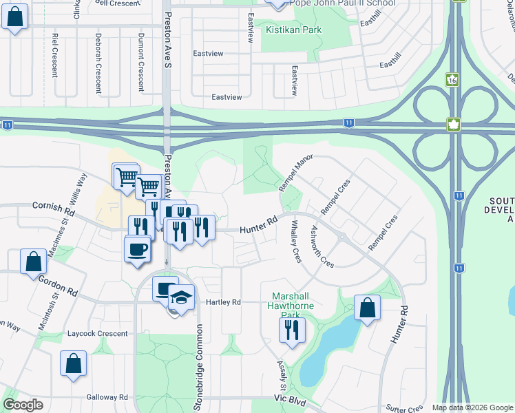 map of restaurants, bars, coffee shops, grocery stores, and more near 415 Hunter Road in Saskatoon