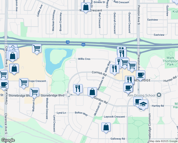 map of restaurants, bars, coffee shops, grocery stores, and more near 110 McBeth Crescent in Saskatoon