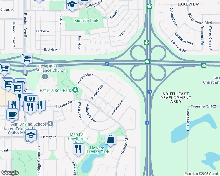 map of restaurants, bars, coffee shops, grocery stores, and more near 1122 Rempel Rise in Saskatoon