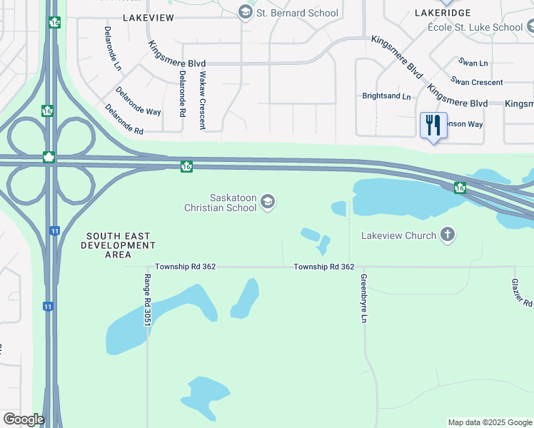 map of restaurants, bars, coffee shops, grocery stores, and more near Township Road 362 in Saskatoon