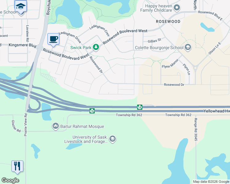 map of restaurants, bars, coffee shops, grocery stores, and more near 198 Burgess Crescent in Saskatoon
