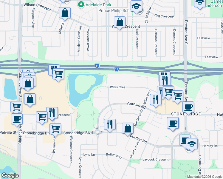 map of restaurants, bars, coffee shops, grocery stores, and more near 112 Willis Crescent in Saskatoon