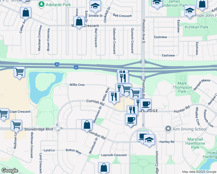 map of restaurants, bars, coffee shops, grocery stores, and more near Willis Way in Saskatoon
