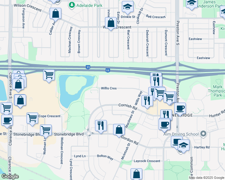 map of restaurants, bars, coffee shops, grocery stores, and more near 212 Willis Crescent in Saskatoon