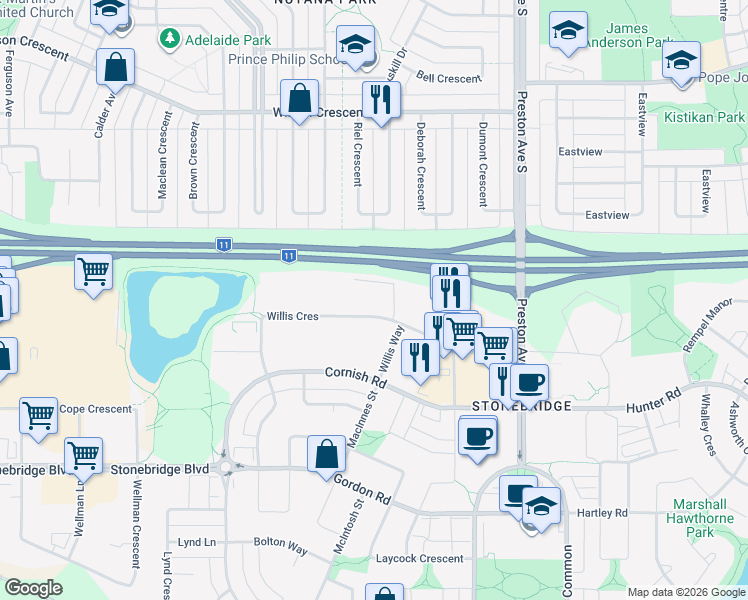 map of restaurants, bars, coffee shops, grocery stores, and more near 241 Willis Crescent in Saskatoon
