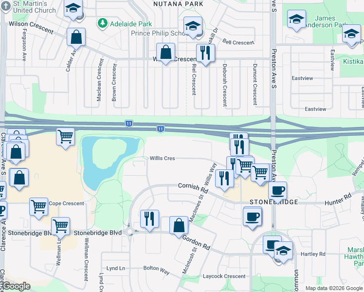 map of restaurants, bars, coffee shops, grocery stores, and more near 235 Willis Crescent in Saskatoon