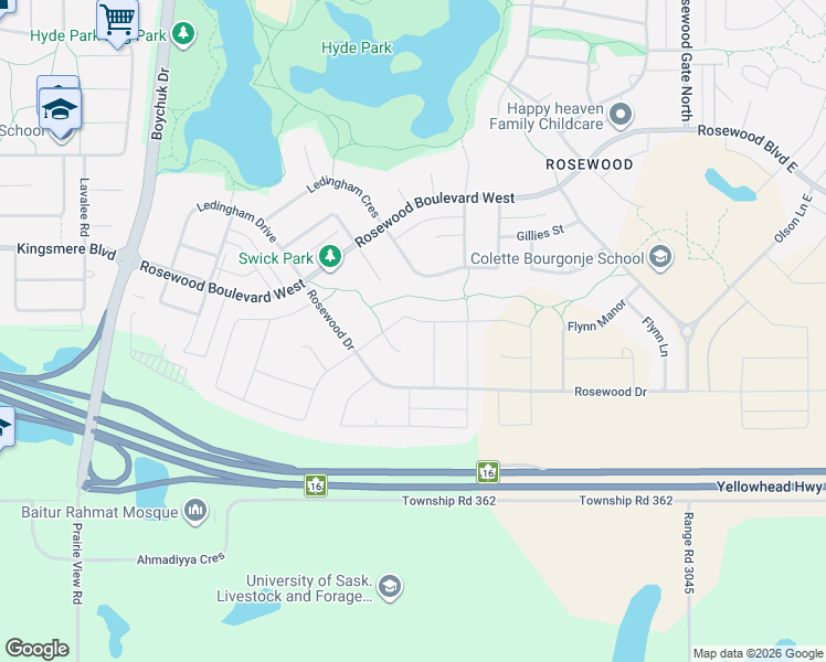 map of restaurants, bars, coffee shops, grocery stores, and more near Gillies Crescent in Saskatoon