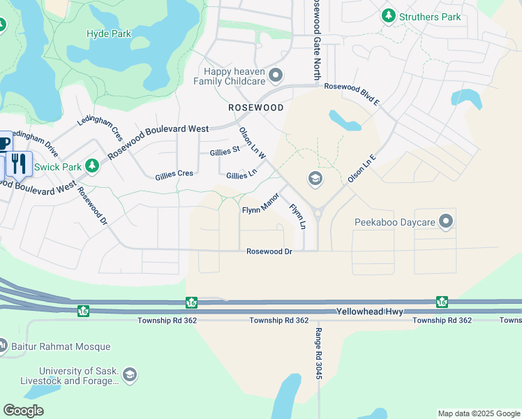 map of restaurants, bars, coffee shops, grocery stores, and more near Flynn Manor in Saskatoon