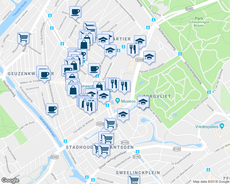 map of restaurants, bars, coffee shops, grocery stores, and more near 41 Stadhouderslaan in Den Haag