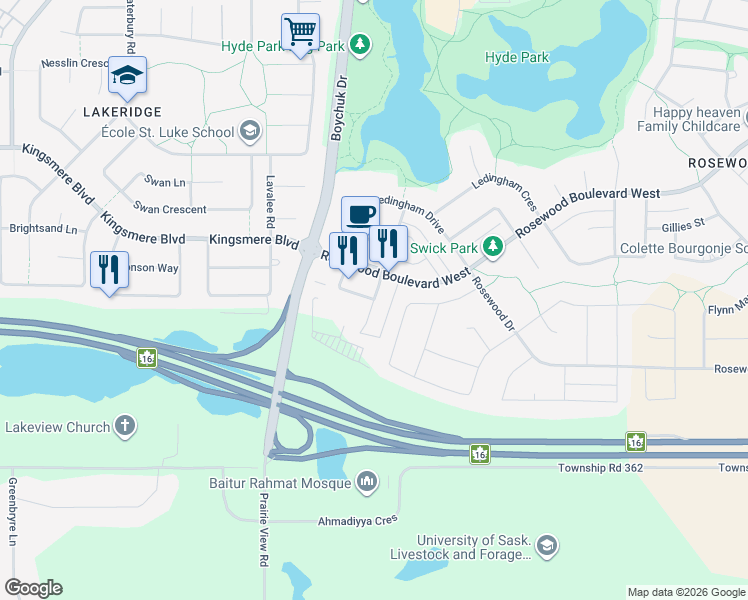 map of restaurants, bars, coffee shops, grocery stores, and more near Tweed Lane in Saskatoon