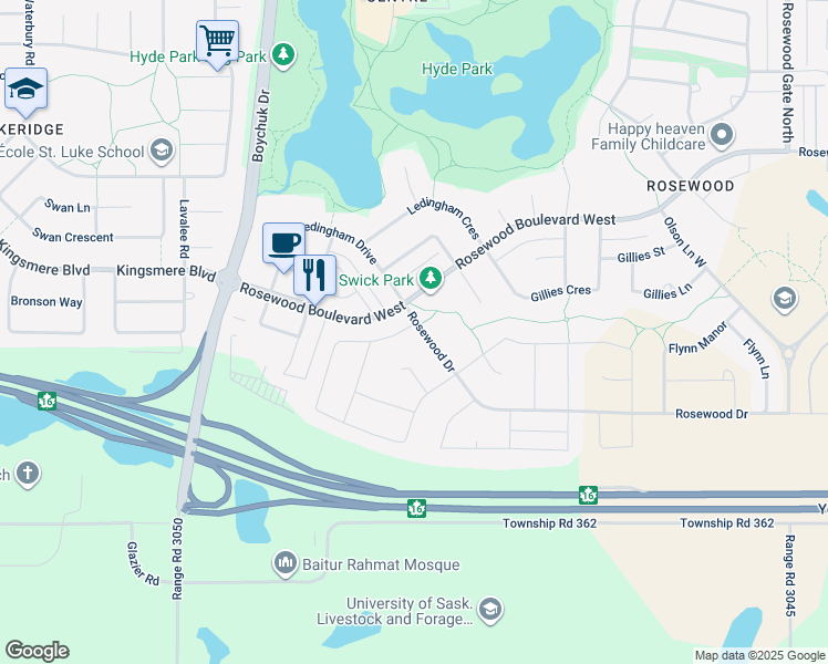 map of restaurants, bars, coffee shops, grocery stores, and more near 102 Pichler Crescent in Saskatoon